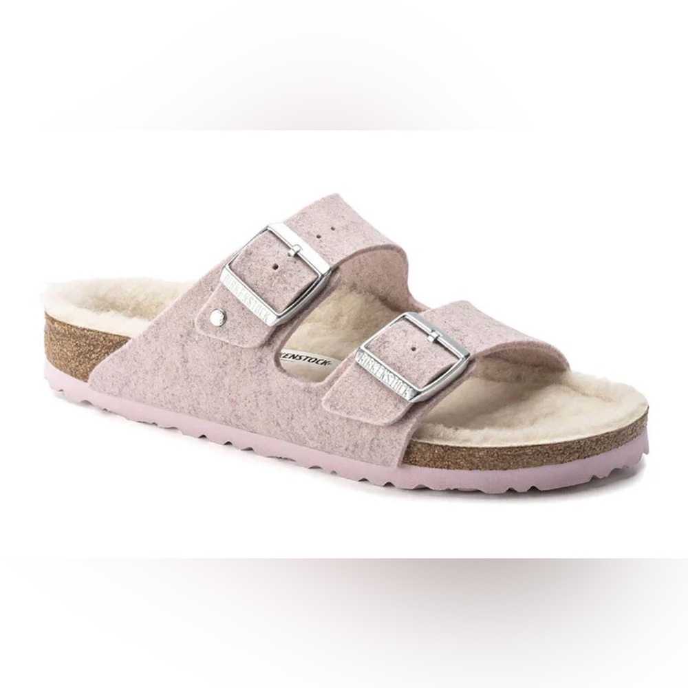 Birkenstock Arizona Rivet Shearling Wool Felt Sandals Soft Pink 36